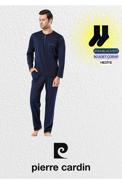 Pierre Cardin Men's Combed Cotton Navy Blue 2-Piece Pajama Set (2 Socks Gift) L1.Pc.5454.001
