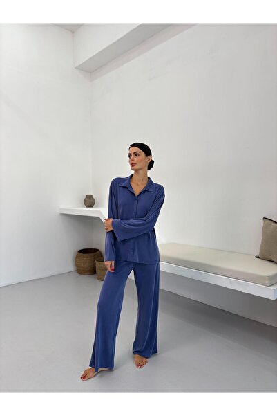 Genel Markalar İnce Bel Lastikli Dökümlü İndigo Modal Pijama Pantolon