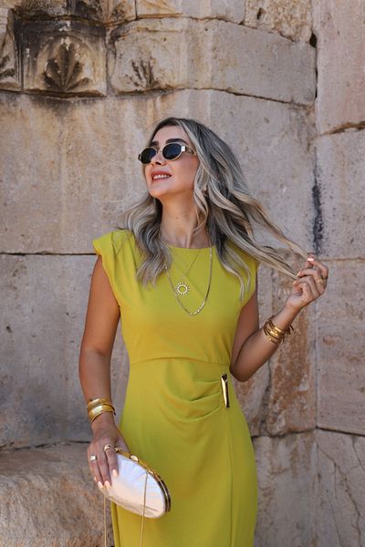 bytugcekaya Olive Waist Buckle Detailed Slit Dress