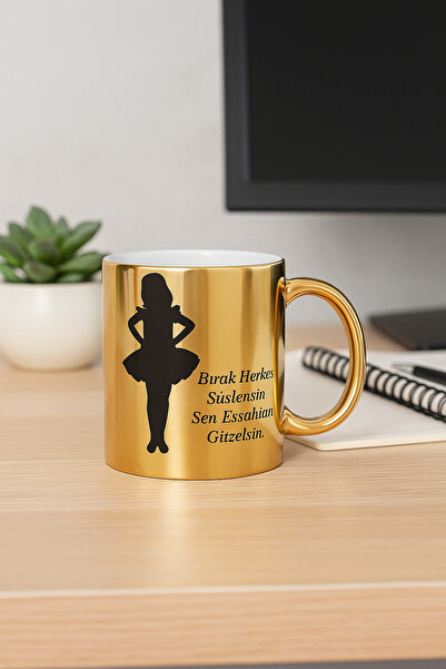 çokaş Pack of 3 Gold Color Coffee Mug Cups with Text Printed