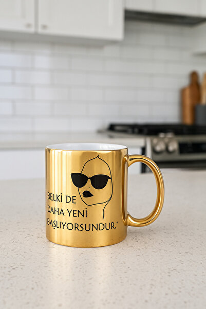 çokaş Pack of 3 Gold Color Coffee Mug Cups with Text Printed