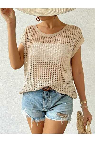 EKİN DEMİR Openwork Short Sleeve Boat Neck Off Shoulder 100% Cotton Women's K...