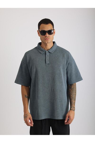 EGHO Washed Double Pique Fabric Men's Polo Neck Loose Fit T-Shirt with Tumbled Effect
