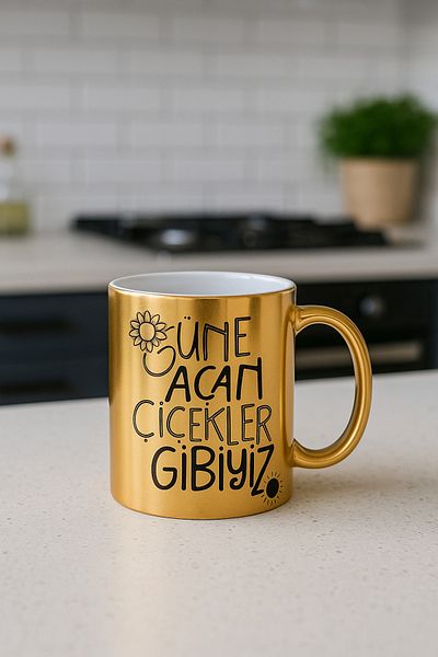 çokaş Pack of 3 Gold Color Coffee Mug Cups with Text Printed