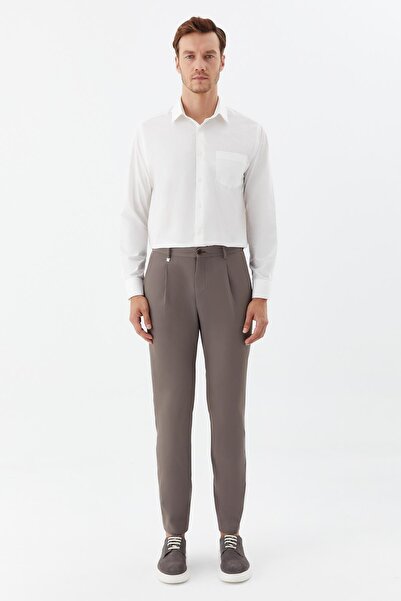 Sabri Özel Regular Fit Pileli Erkek Chino Pantolon Koyu Vizon