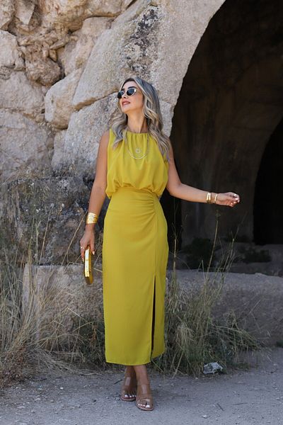 bytugcekaya Olive round neck Draped slit detail dress