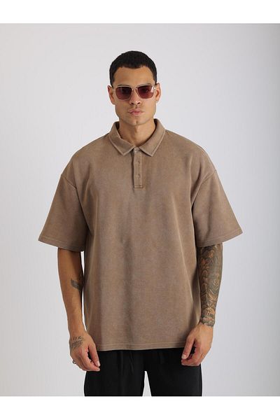 EGHO Washed Double Pique Fabric Men's Polo Neck Loose Fit T-Shirt with Tumbled Effect