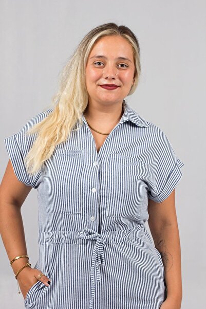 Truva XXL Plus Size Waist Adjustable Shirt Collar Navy Blue Striped Dress