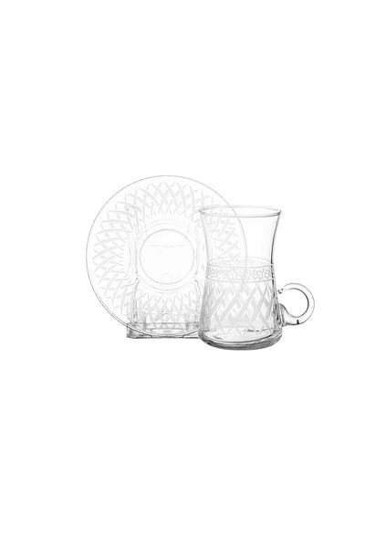 Byblos Glass tea set, 6 cups and 6 saucers, Turkish made, with beautiful and elegant laser engraving