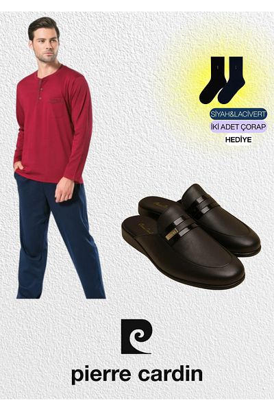 Pierre Cardin Men's Combed Cotton Claret Red 2-Piece Pajama Set & Leather Slippers Set (2 Socks Gift) L1.Pc.5454.291