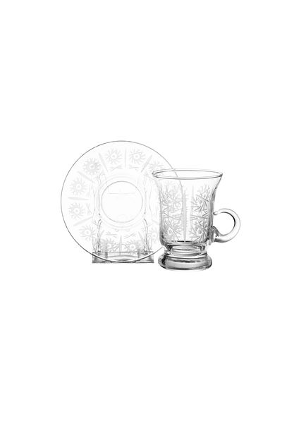 Byblos Glass tea set, 6 cups and 6 saucers, Turkish made, with beautiful and elegant laser engraving