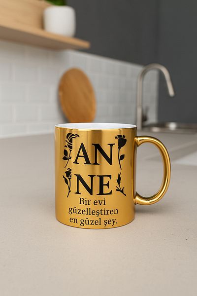 çokaş Pack of 3 Gold Color Coffee Mug Cups with Text Printed