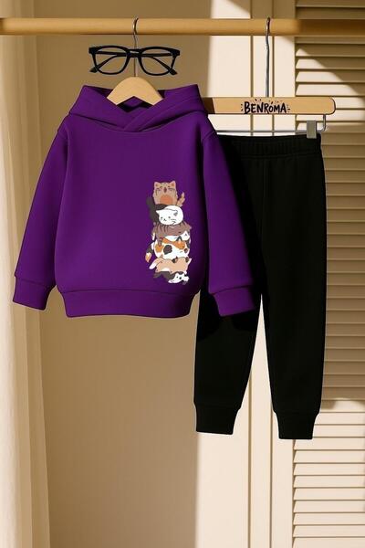 BENROMA KEDİLER ÜST ÜSTE BASKILI 3 İPLİK ÇOCUK EŞOFMAN TAKIMI