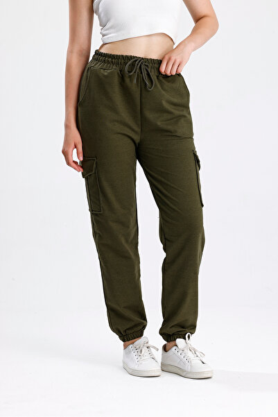 Green Hill Khaki Sweatpants with Cargo Pockets and Elastic Waist