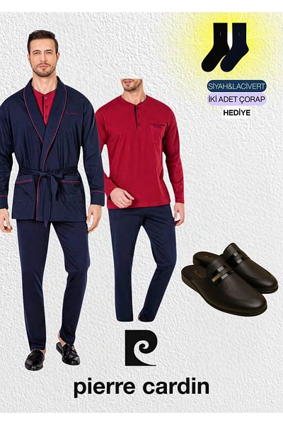 Pierre Cardin Men's Navy Blue Combed Cotton 3-Piece Robdoshambir & Long Sleeve Pajama Set & Leather Slippers (with Socks Gift)