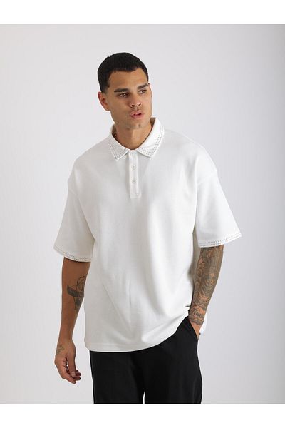 EGHO Double Pique Fabric Loose Fit Men's Polo Neck T-Shirt with Collar and Sleeve Stitching Detail