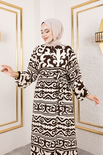 Tesettür Dünyası Asel Patterned Viscose Dress Tsd250205 Brown