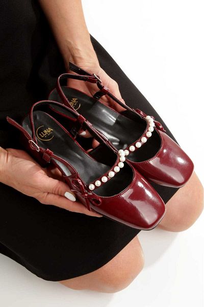 EPTC Burgundy Patent Leather Pearl Open Back Square Blunt Toe Bow Heeled Shoes Darkalimat1Nobigalin