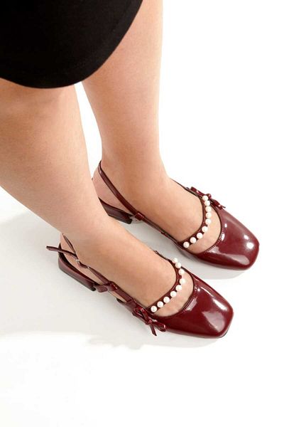 EPTC Burgundy Patent Leather Pearl Open Back Square Blunt Toe Bow Heeled Shoes Darkalimat1Nobigalin