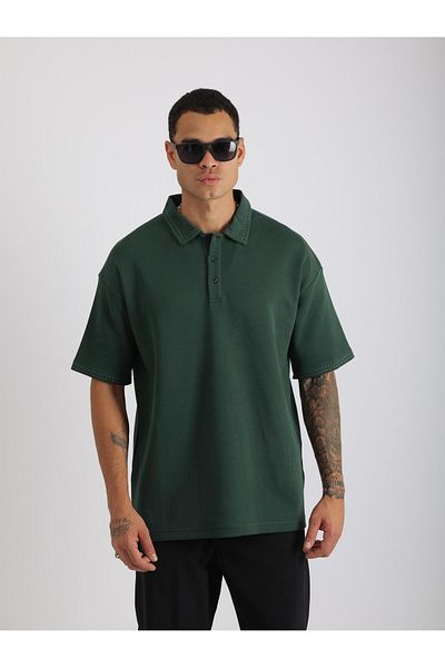 EGHO Double Pique Fabric Loose Fit Men's Polo Neck T-Shirt with Collar and Sleeve Stitching Detail