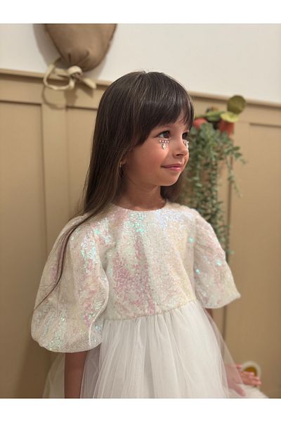 penu baby kids Ecru Sequined Balloon Sleeve Coarse Tulle Skirted Girl's Baby Girl's Evening Dress - Terra