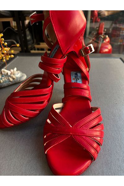 bitangosu Red Leather 8.5 cm 11 Pont Multi-Band Model Tango, Dance and Salon Shoes