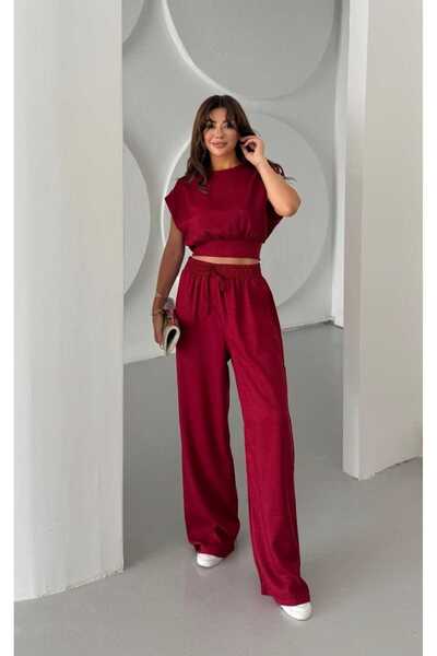 mor butik Purple Boutique Women's Bordo Belt Detail Pants Bluz