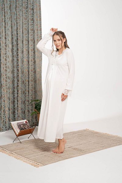 Lohussa Women's Ecru Special Design Lace Detailed Breastfeeding Featured Winter Cotton Maternity Maternity Nightgown