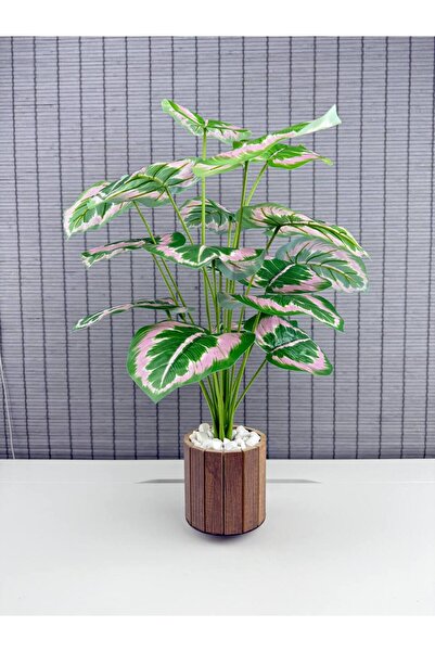 Bahçem Yapay Yapraklı Salon Rosy Dua Çiçeği Ahşap Saksılı 18 Yapraklı 65cm