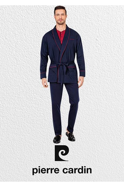 Pierre Cardin Men's Navy Blue Combed Cotton 3-Piece Robdöşambır & Long Sleeve Pajama Set (2 Socks Gift)