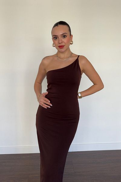 Nura Francy Women's One Shoulder Strap Back Slit Long Dress Lined