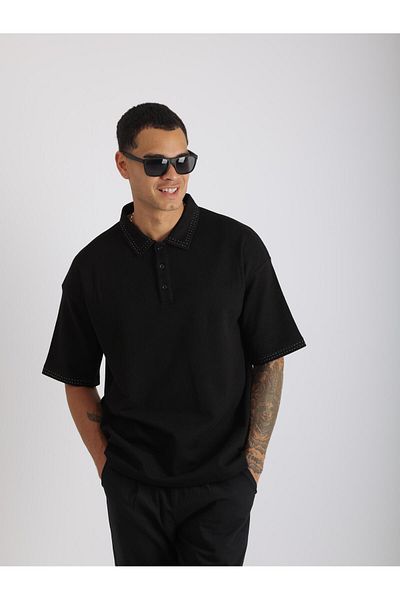 EGHO Double Pique Fabric Loose Fit Men's Polo Neck T-Shirt with Collar and Sleeve Stitching Detail