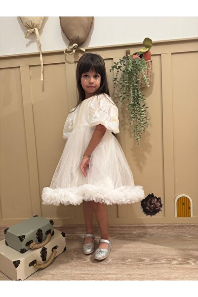 penu baby kids Ekru Payetli Balon Kol Grenli Tül Etekli Kız Çocuk Kız Bebek Abiye Elbise - Terra
