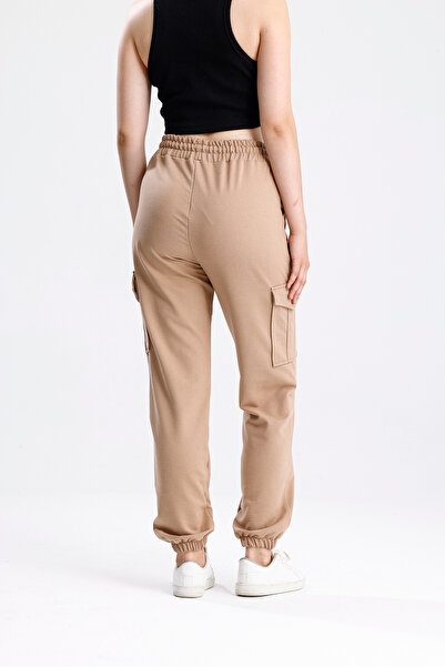 Green Hill Cargo Pocketed Biscuit Color Sweatpants with Elastic Waist