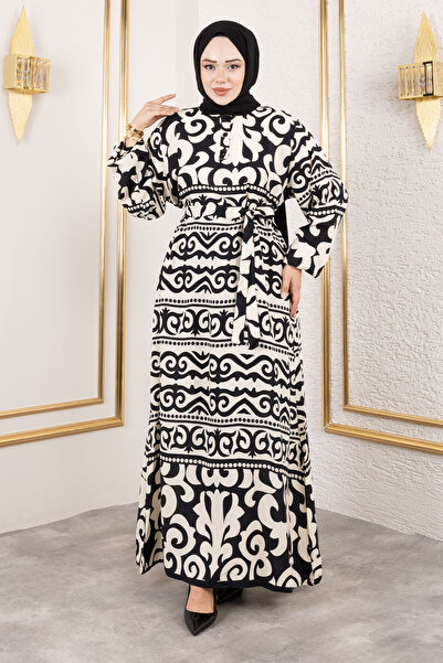 Tesettür Dünyası Asel Patterned Viscose Long Hijab Dress Tsd250205 Black
