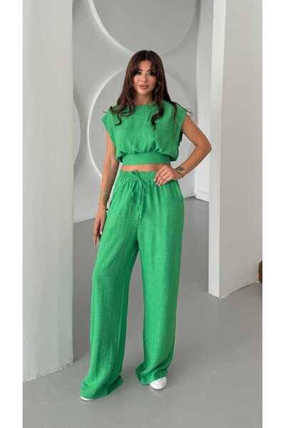mor butik Purple Boutique Women's Green Belt Detail Pants Bluz