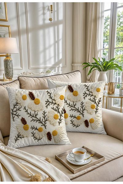 Şah Dekor Bohemian Boho Daisy Themed Cream Color 3D Digital Printed Gift Throw Pillow Pillow Case Set of 6Boho