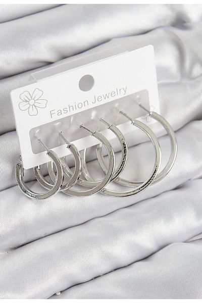 GLOWVİA AKSESUAR Women's 3 Size 6-Piece Hoop Earring Set Silver Color