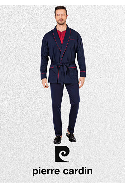 Pierre Cardin Erkek Lacivert Penye 3'lü Robdöşambır & Uzun Kollu Pijama Takımı & Deri Terlik (Çorap Hediyeli)