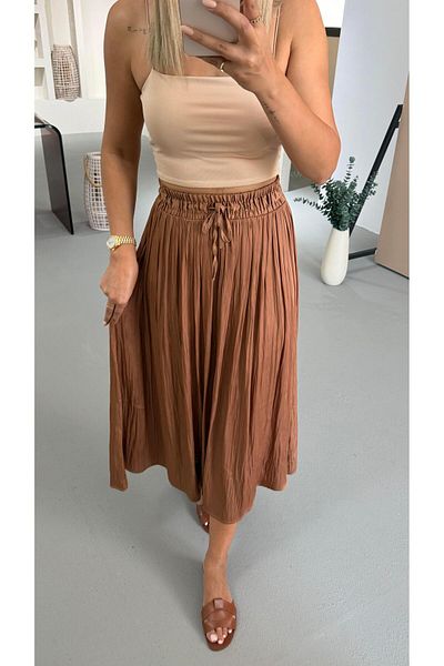 Sezgi Tekin Waist Elastic Wrinkled Texture Satin Midi Hazelnut Skirt