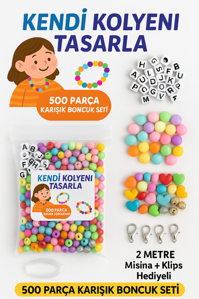 Genel Markalar 500 Parça Karışık Boncuk Seti + 2 Metre Misina + Klips Hediyel...