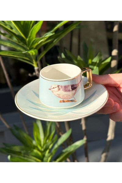 Onedekor Set of 6 Porcelain Coffee Cups Bird Blue