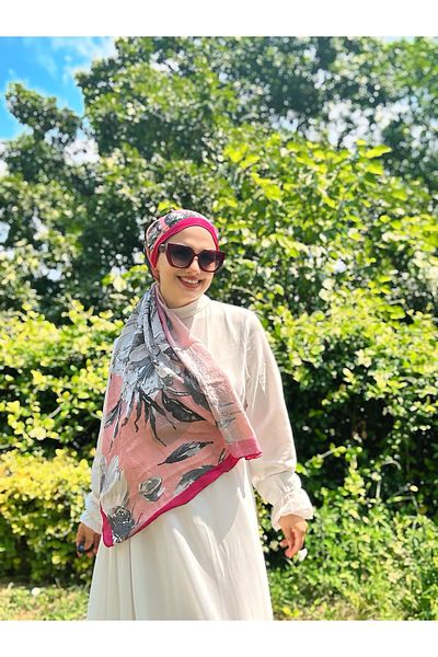 Modakaşmir Azalea Pattern Striped Bamboo Shawl - Fuchsia
