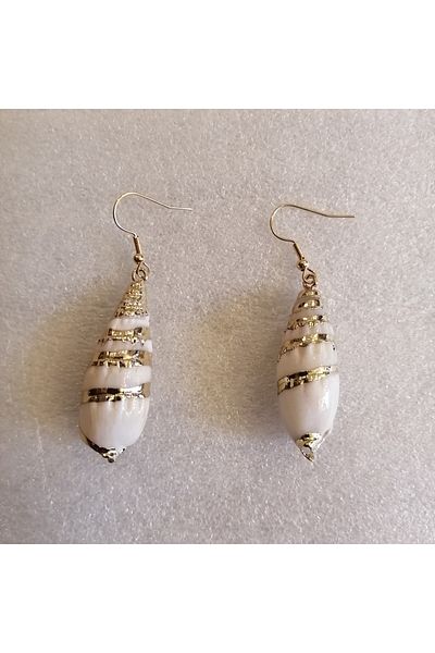 Butik Tülin Women's Authentic Handmade Natural Seashell Spiral Beige Gold Gilded Earrings 6X1.5 cm Indian Made