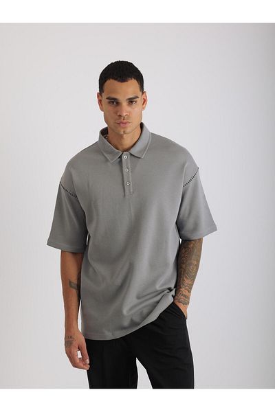 EGHO Shoulder Shepherd Stitch Detail Double Pique Fabric Loose Fit Men's Polo Neck T-Shirt
