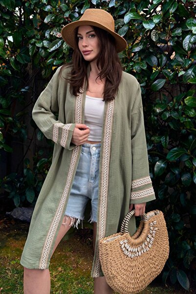 NEW LAVİVA Women's Khaki Muslin Fabric, Loose Kimono Jacket with Straw Stripe...
