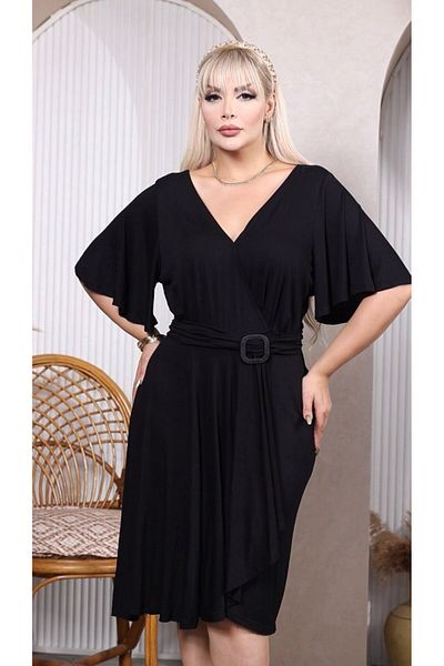 garajmood Black Wide V-Neck Belt Buckle Detailed Women's Dress