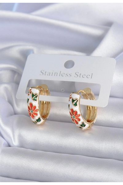 GLOWVİA AKSESUAR Women's Enamel Earrings White (Brass Product)