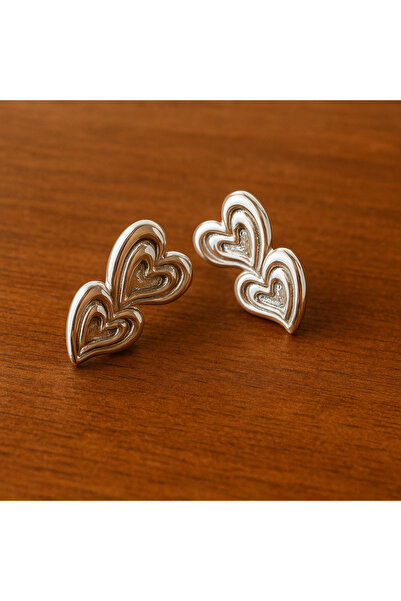 BESMYAR JEWELS Silver Color Double Heart Design Earrings- Elegant Modern Jewelry Model