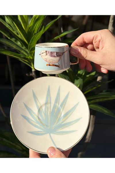 Onedekor Set of 6 Porcelain Coffee Cups Bird Blue